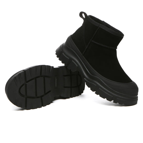 EverUgg Ultra Mini Classic Chunky UGG platform shoes for women, featuring tan leather with chunky soles and cozy shearling lining.