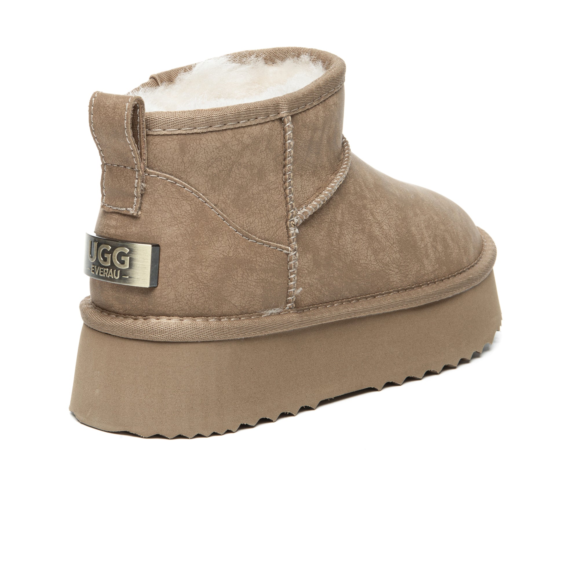 EverUgg Ultra Mini Coated Suede Platform UGG boots for women, showcasing the stylish coated suede exterior and chunky platform sole.