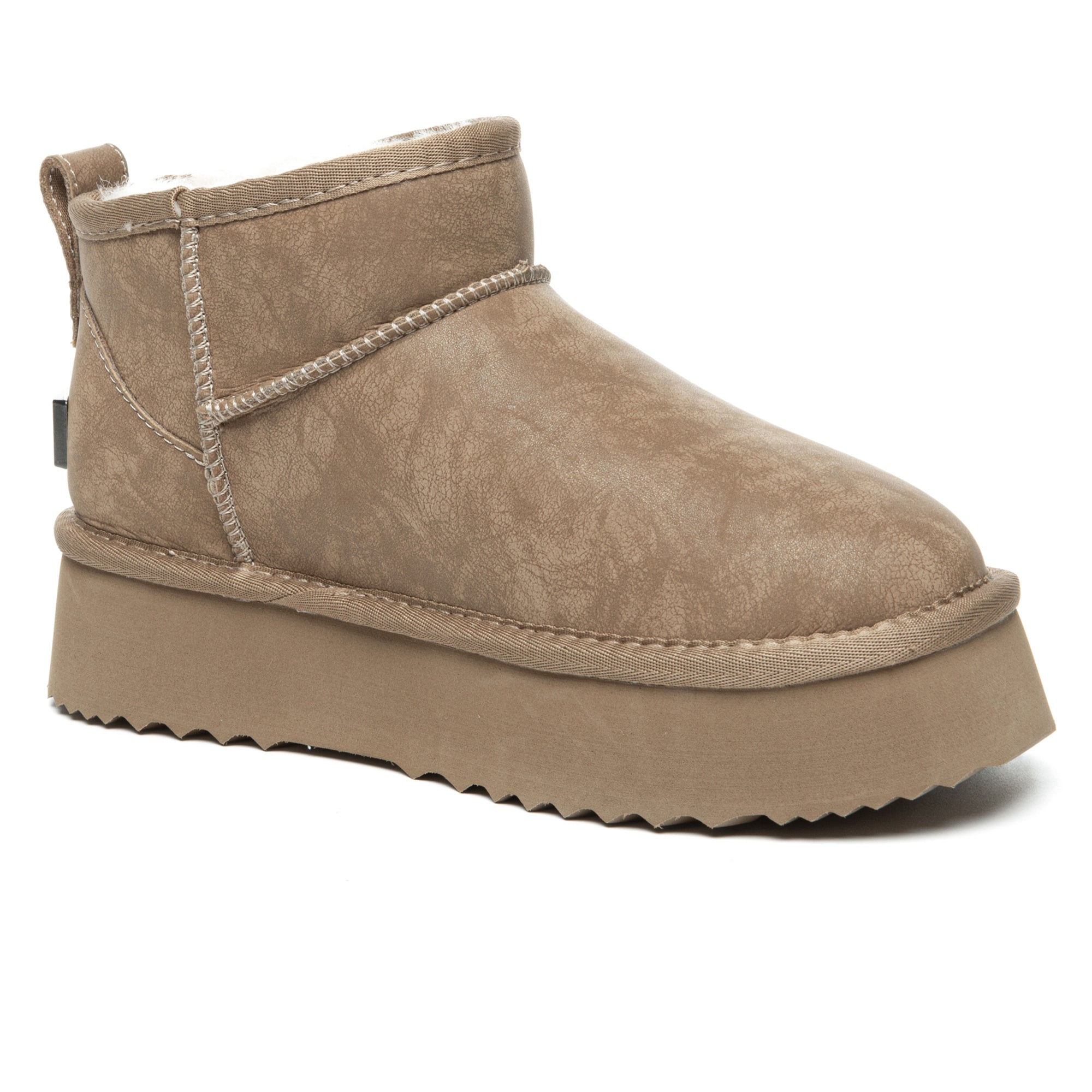EverUgg Ultra Mini coated suede platform UGG boots for women, showing close-up of tan slip-on shoes with textured suede finish.