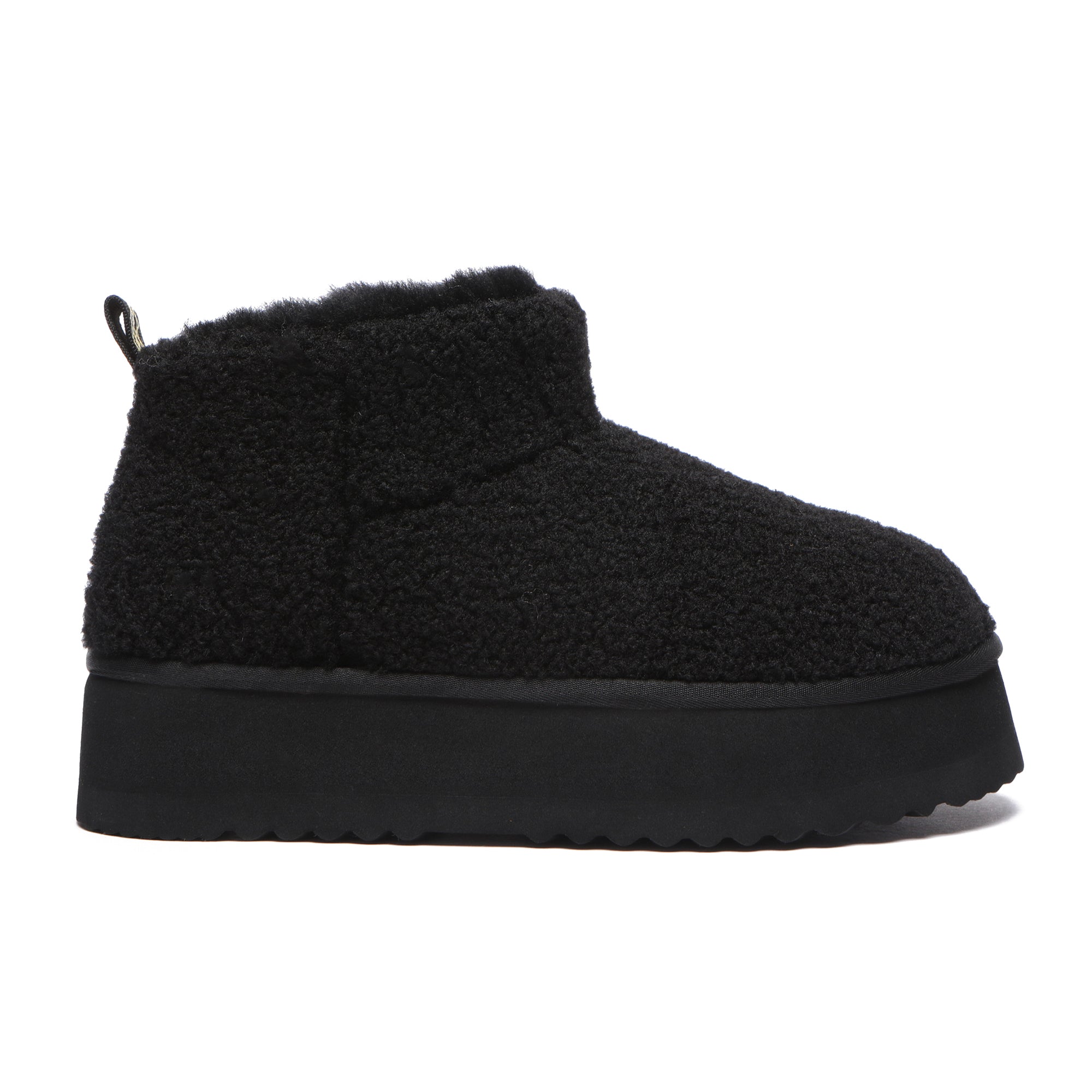 Black Ultra Mini TeddyFluff UGG Boots by EverUgg with plush fur lining and platform sole, stylish and cozy footwear.