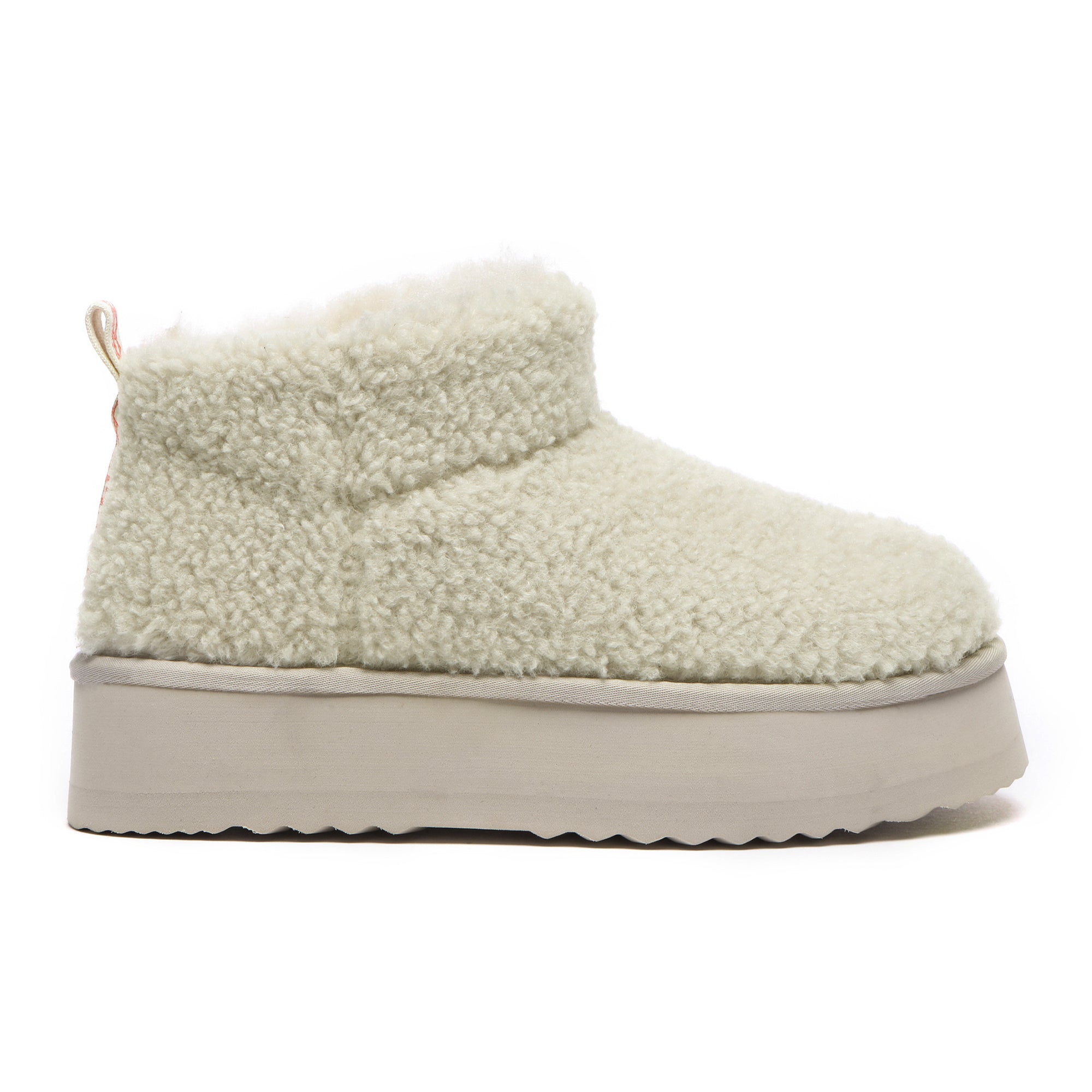 EverUgg Ultra Mini TeddyFluff Platform UGG Boots in sand with plush interior and fluffy exterior, stylish and cozy footwear.