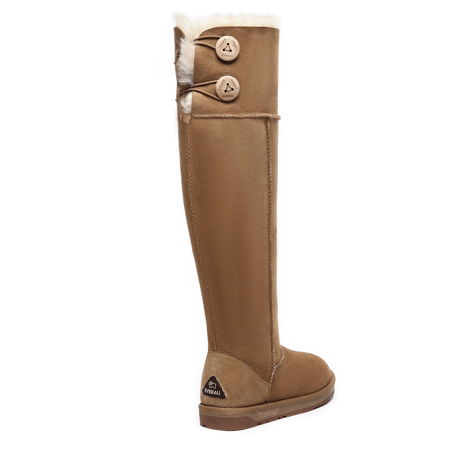EverUgg ultra tall button UGG boots in chestnut with plush fur lining, stylish knee-high design, and button details.