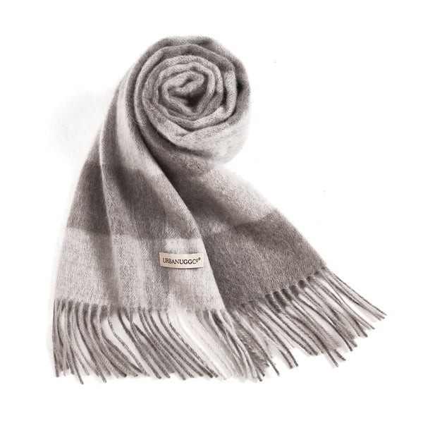 EverUgg Urban UGG tartan wool scarf with red and black checkered pattern, soft and cozy apparel accessory.