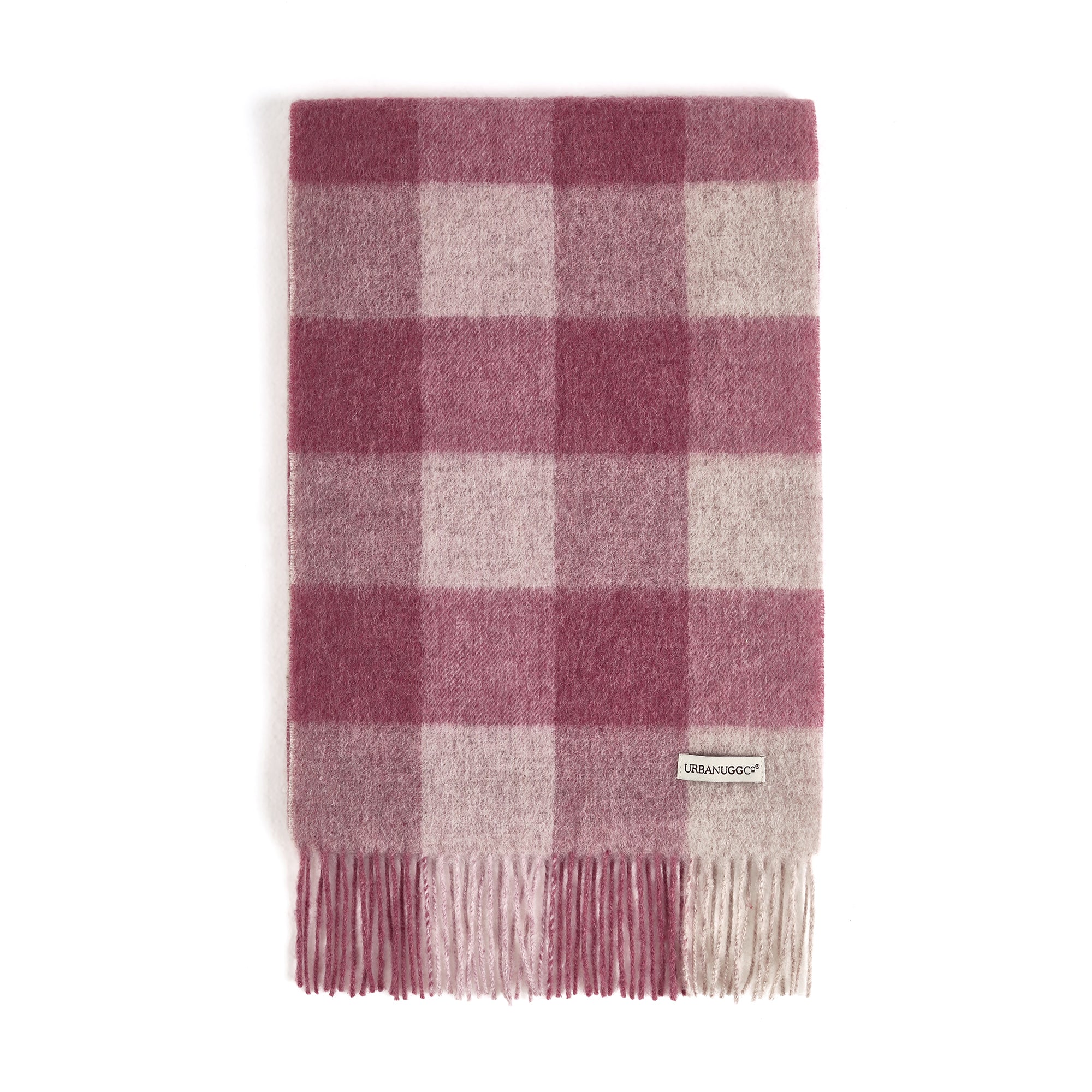 EverUgg Urban UGG tartan wool scarf with red, black, and white plaid pattern, cozy and stylish accessory for cold weather.