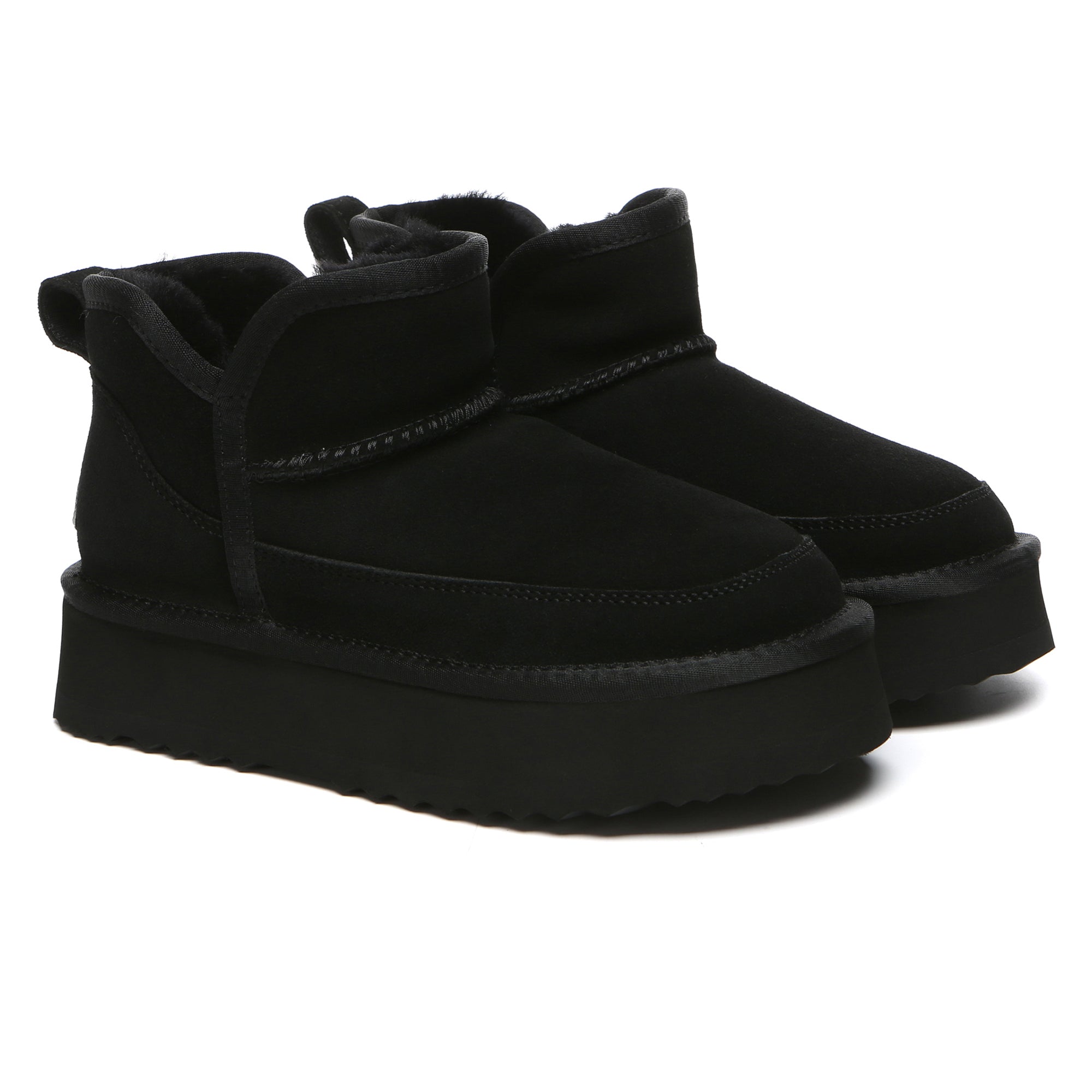 EverUgg V ankle ultra mini platform UGG boots for women, showing the stylish black boots with thick soles and ankle height.