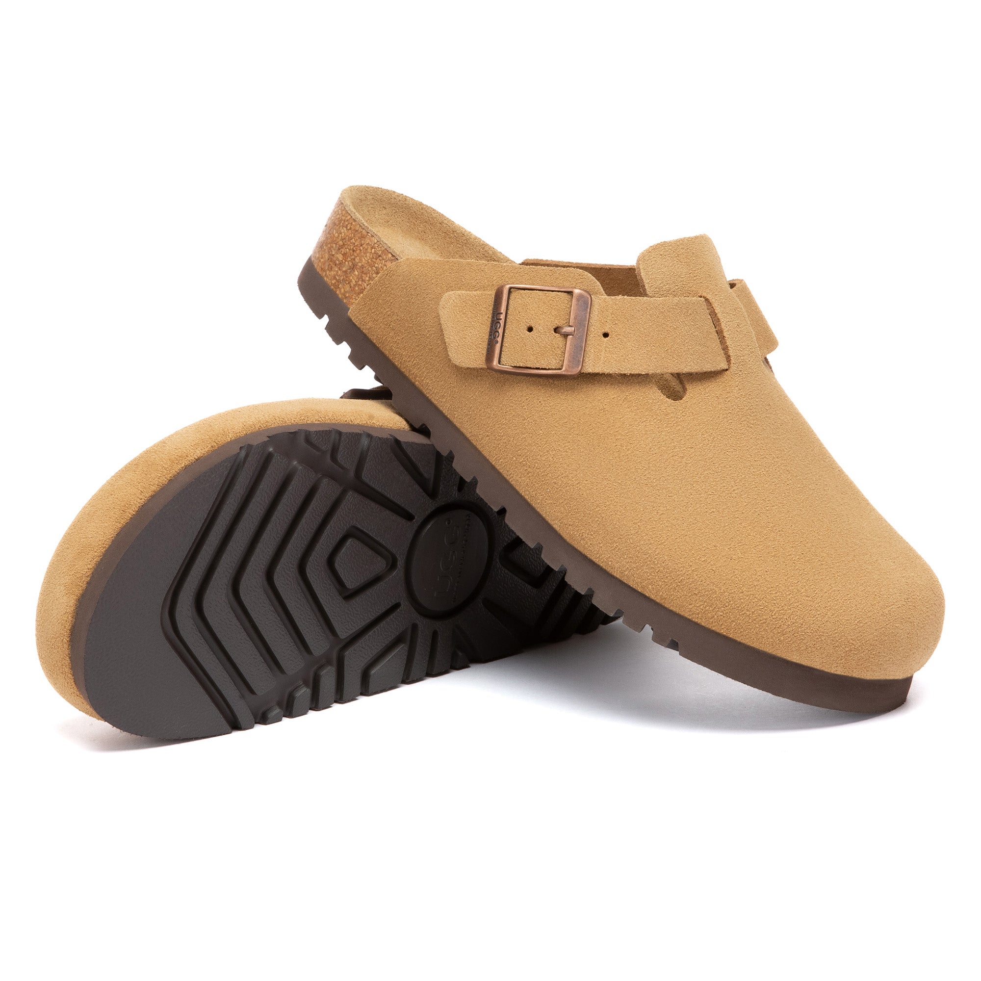 EverUgg Birkie Suede Buckle Clogs slippers with buckle detail and soft suede material, shown in a natural, comfortable design.