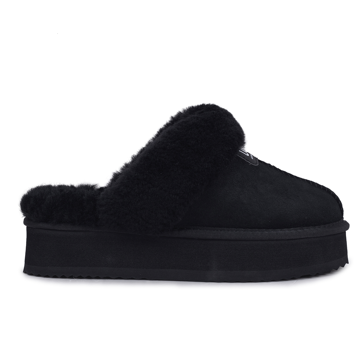 Auzland black Willow Platform UGG slippers featuring a cozy, soft interior and stylish platform sole for comfortable indoor wear.