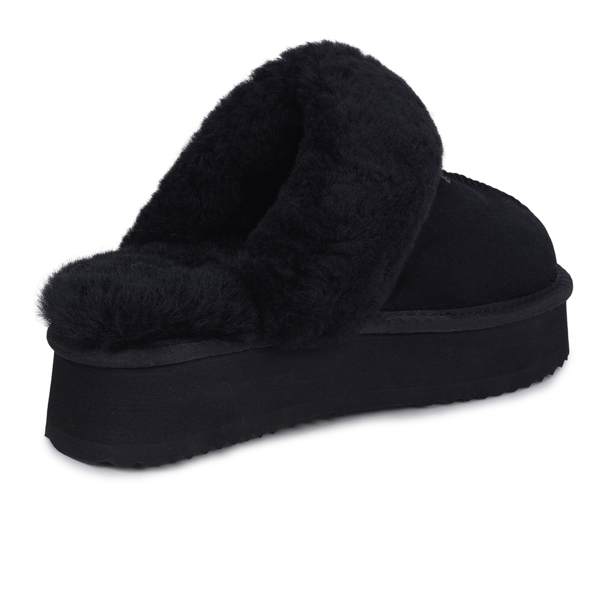 Black Willow Platform UGG slippers by Auzland featuring a cozy design and platform sole, perfect for indoor comfort.