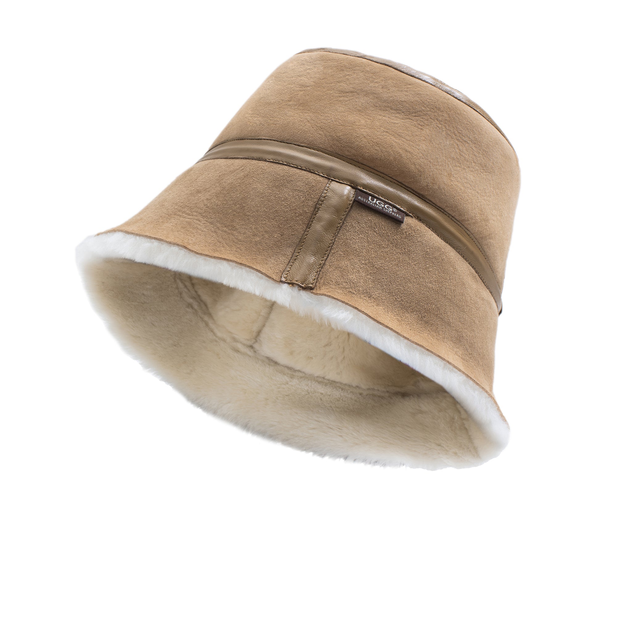 EverUgg winter sheepskin wool bucket hat with cozy, plush interior and stylish design for cold weather.