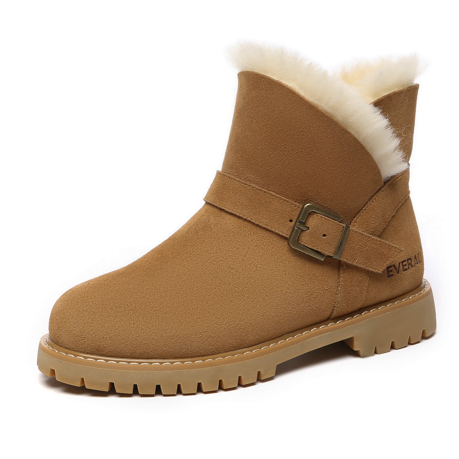 Women’s buckle Mini UGG boots by EverUgg, featuring a stylish buckle detail and plush exterior, perfect for cold weather.