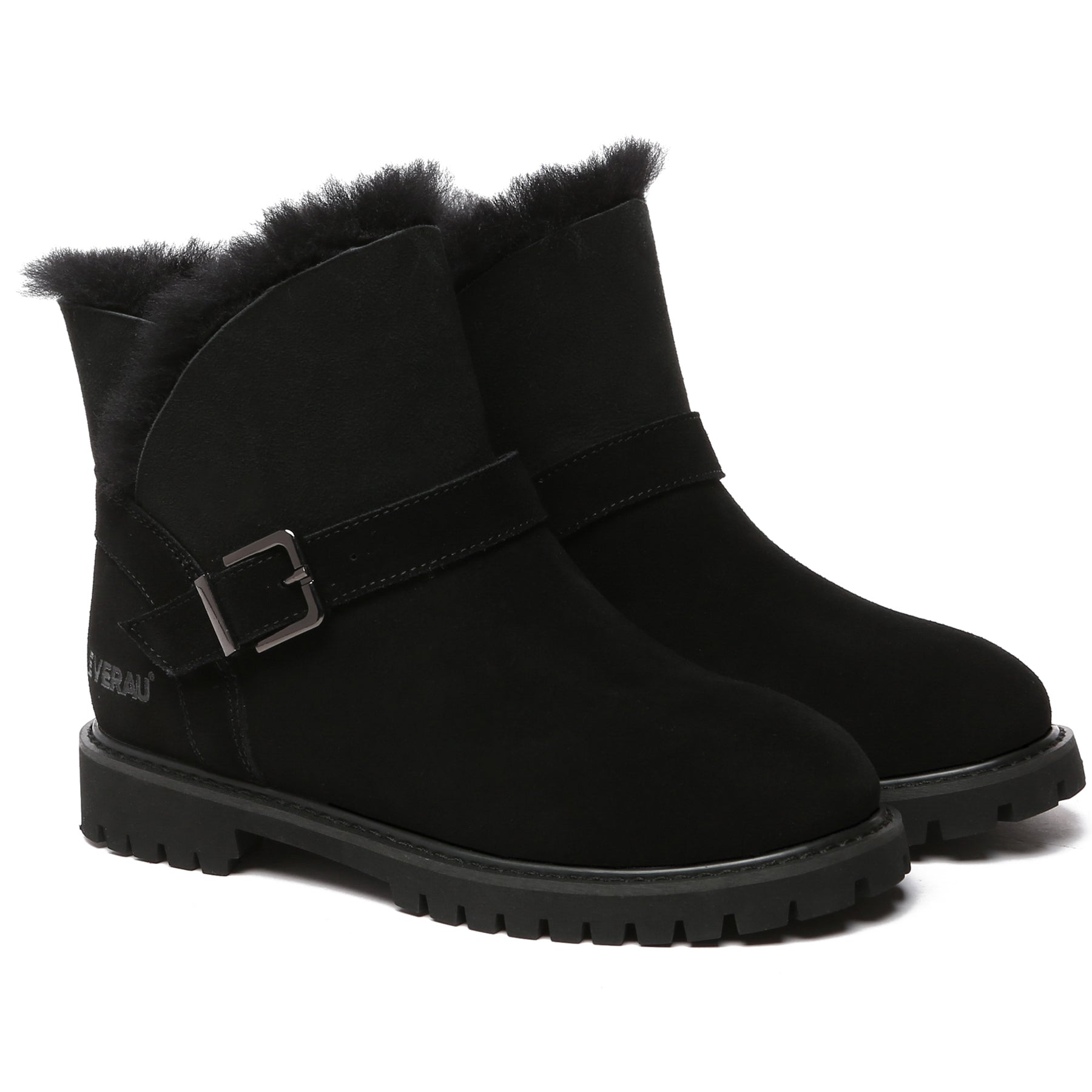 Black women’s buckle mini UGG boots by EverUgg with side buckle detail and cozy sheepskin lining.