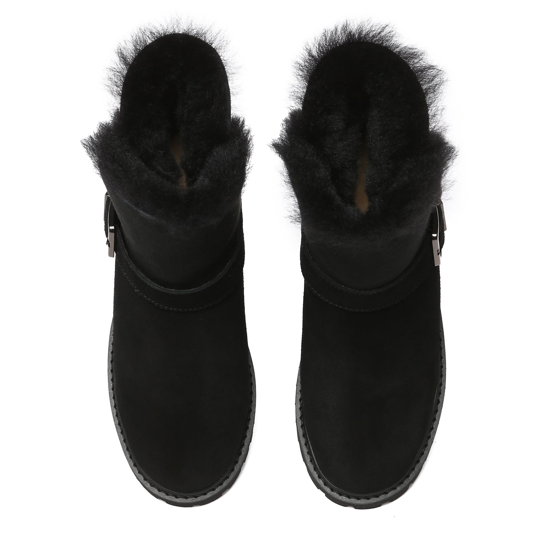 Black women buckle mini UGG boots by EverUgg featuring stylish ankle length design and buckle accents.