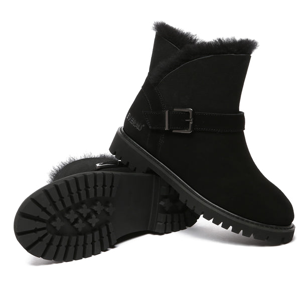 Black women’s buckle mini UGG boots by EverUgg featuring a stylish buckle detail and cozy sheepskin interior.