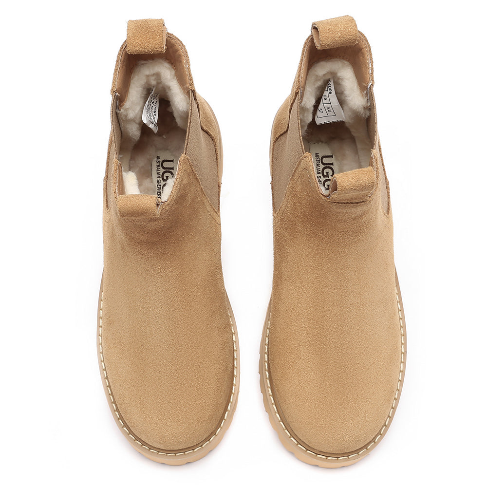Women’s EverUgg Chelsea boots in chestnut leather with elastic side panels and low block heel.
