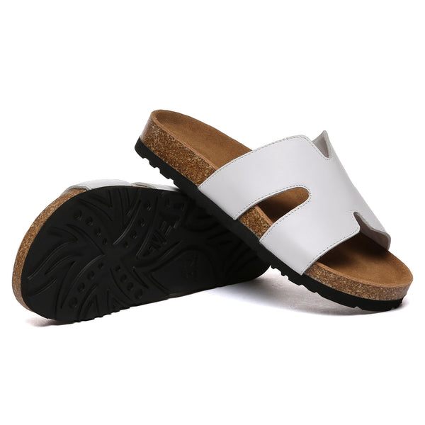 Women cork style leather slides by EverUgg featuring open toes, slip-on design, and neutral brown color.