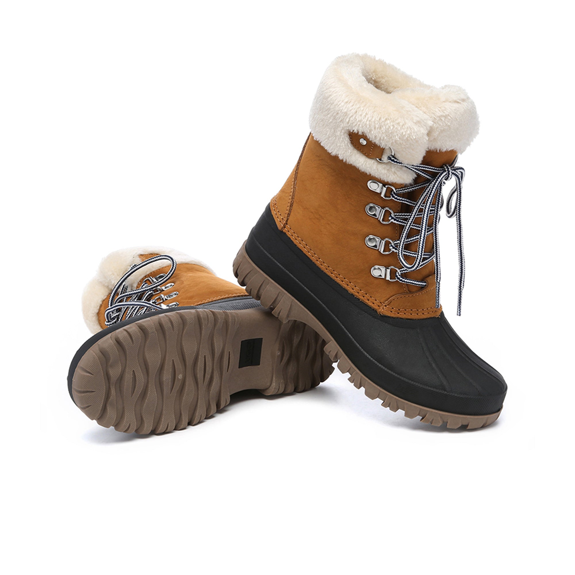 Women’s lace-up Perisher snow boots by EverUgg with rugged soles and insulated design, perfect for winter weather.