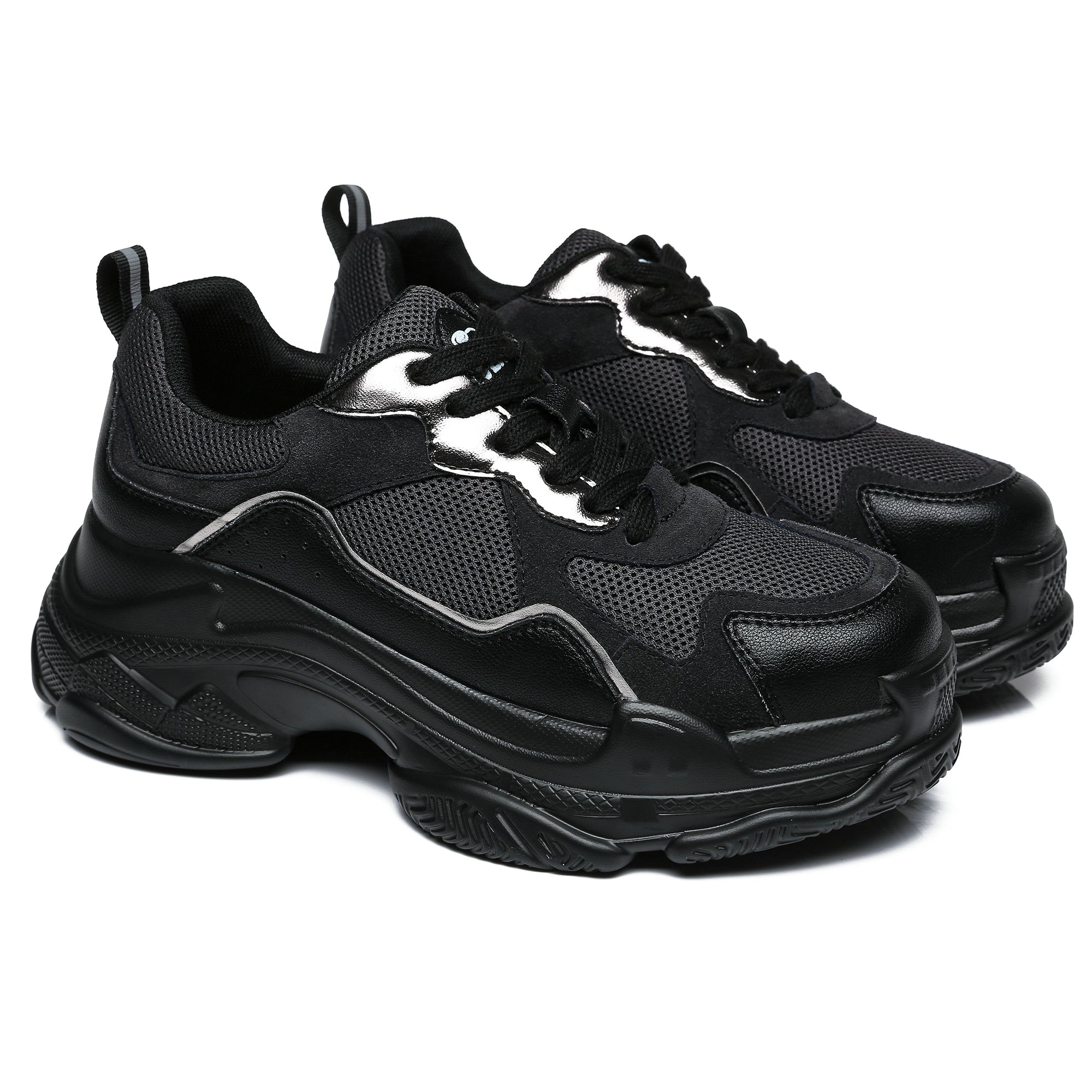 Black EverUgg women’s platform sneakers with chunky soles and laces, stylish footwear for casual and trendy looks.