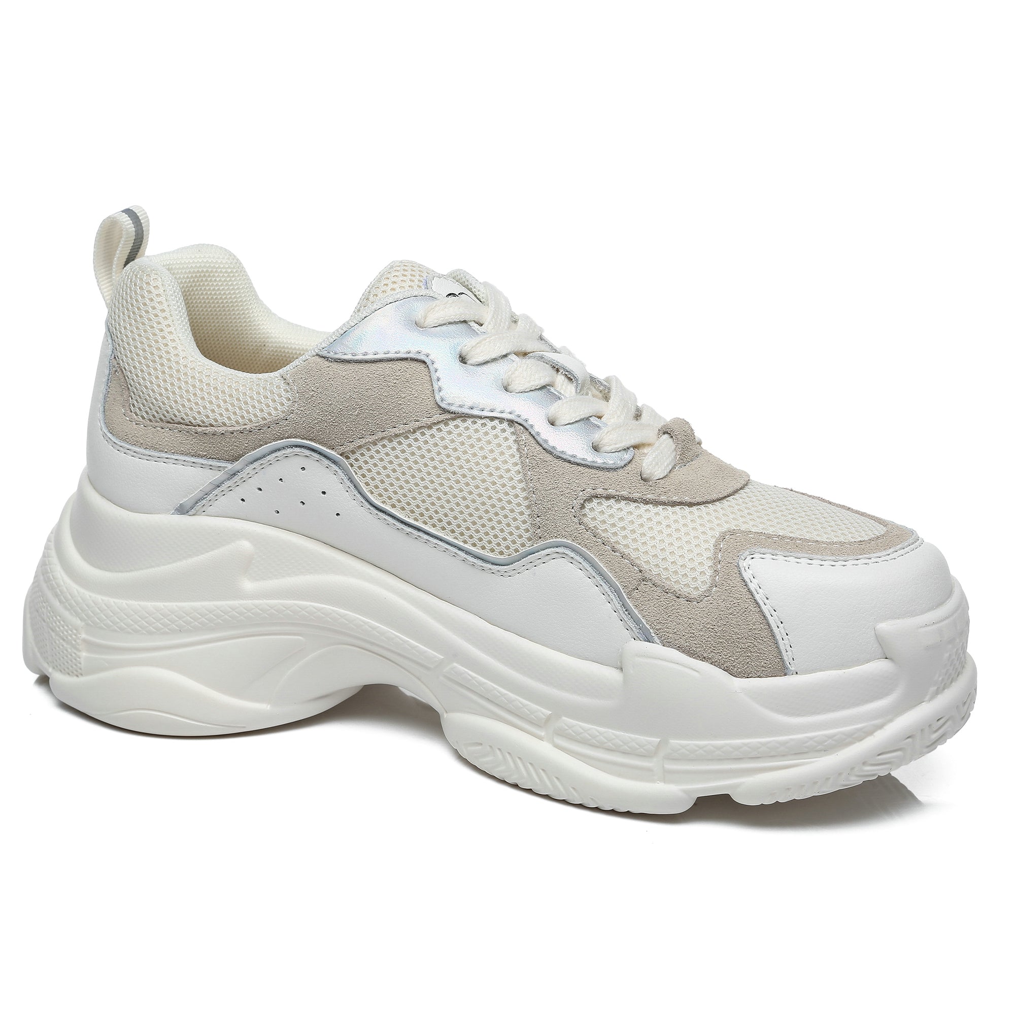 White women platform sneakers by EverUgg featuring a casual design with thick soles and lace-up front.