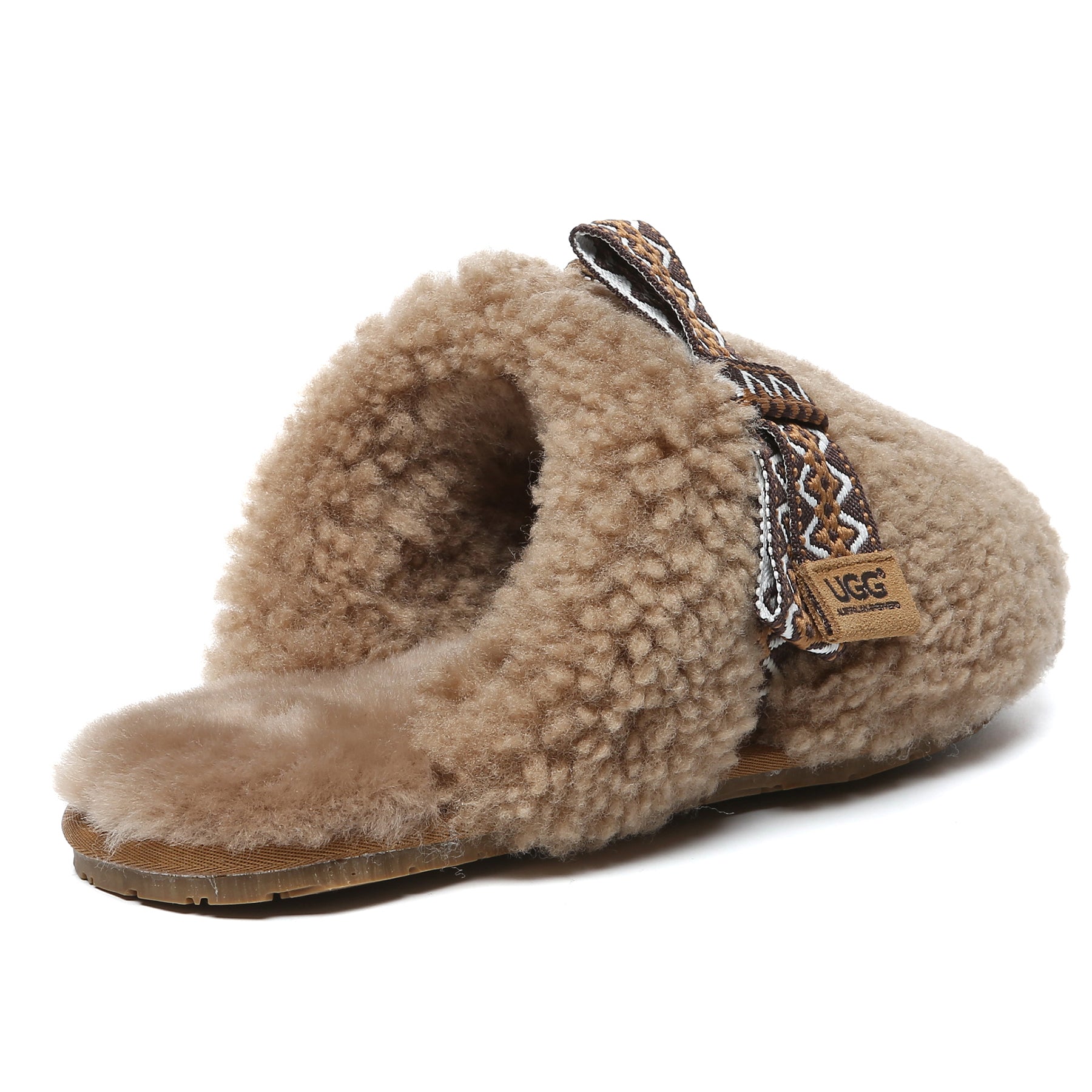 Brown EverUgg Wool Bow Stitch slippers for women featuring cozy wool lining and stylish bow detail, ideal for indoor comfort.