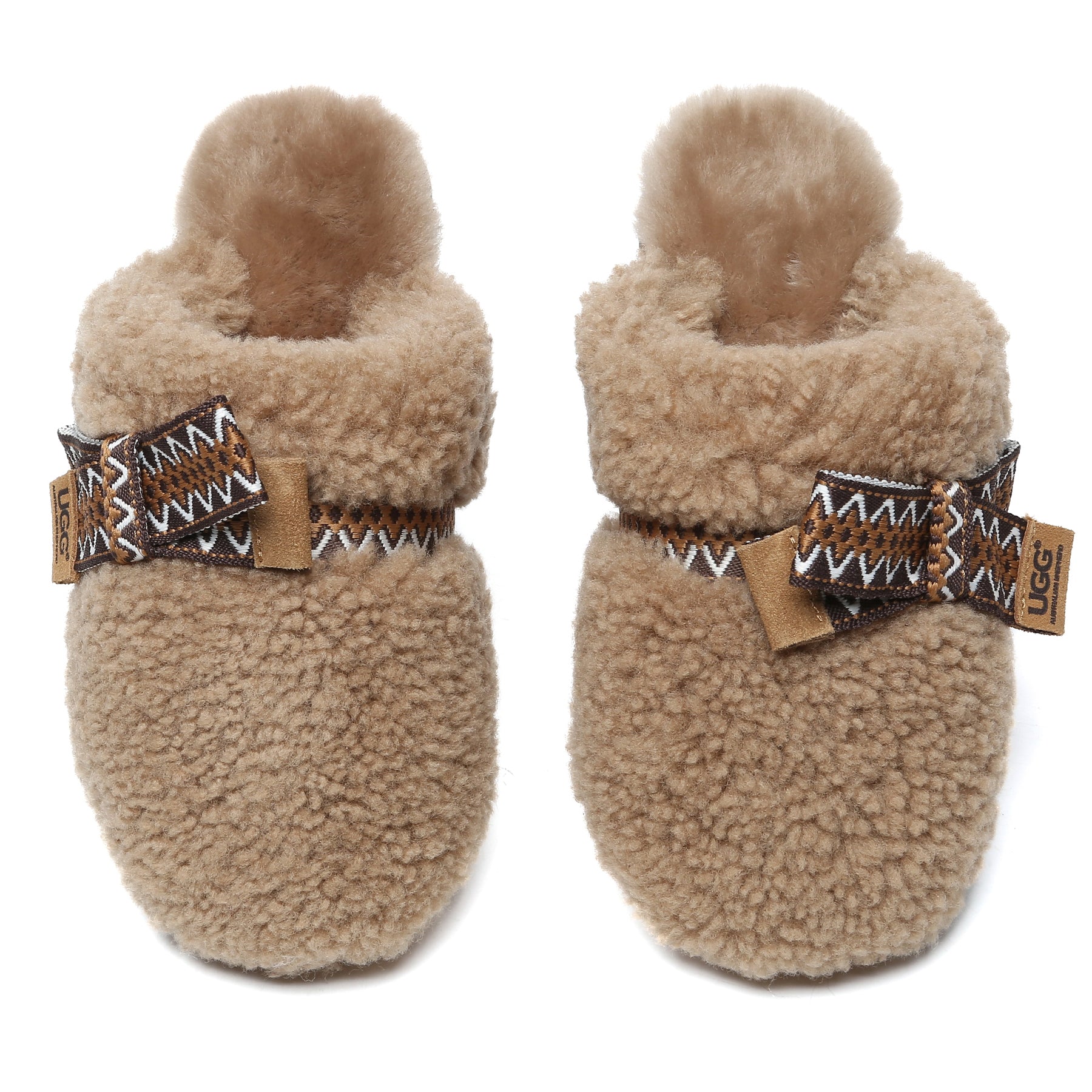 Brown Wool Bow Stitch UGG slippers for women featuring soft wool lining and slip-on comfort.