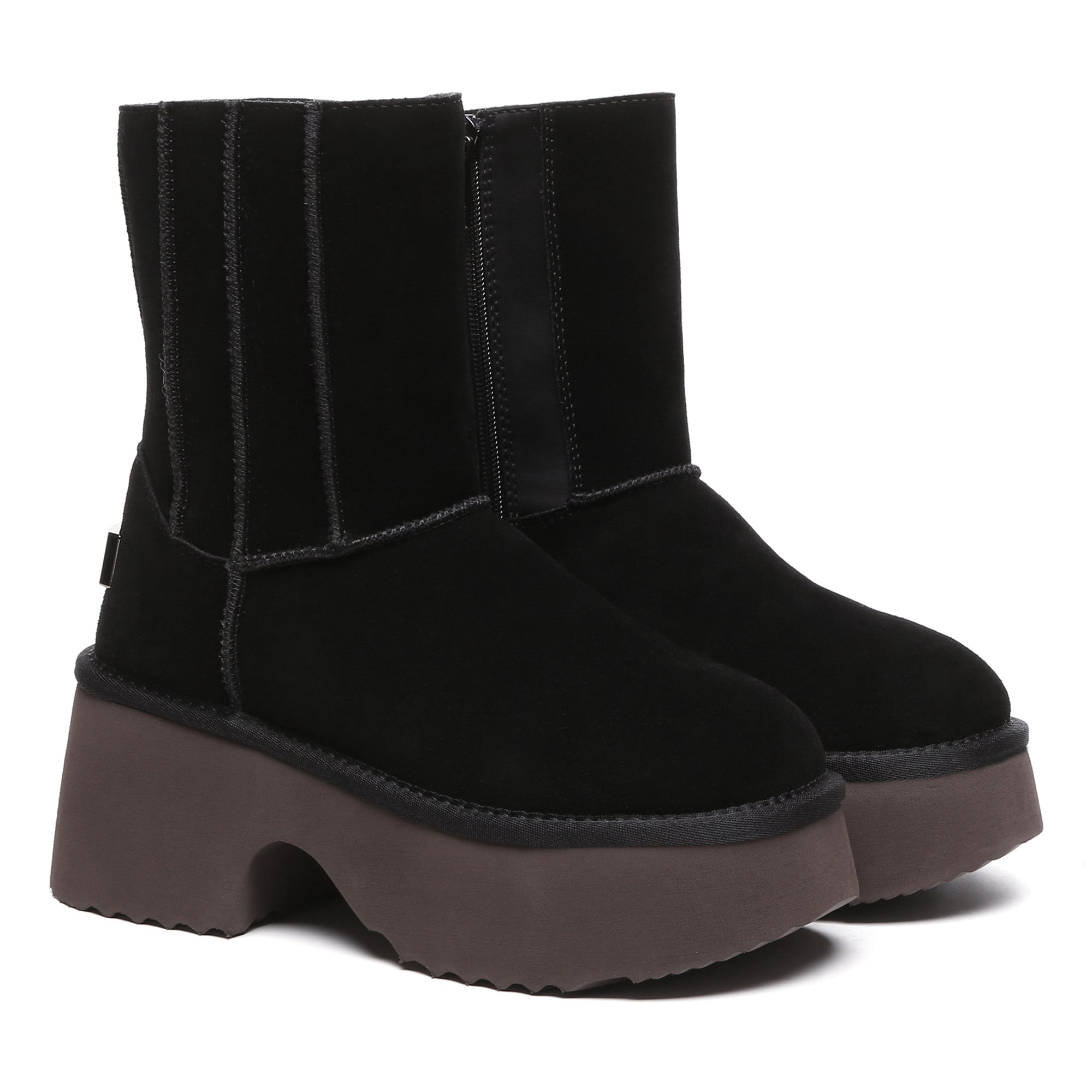 EverUgg Yana Zippers Heel Short Platform Boots for women featuring stylish zipper accents and a chunky heel.