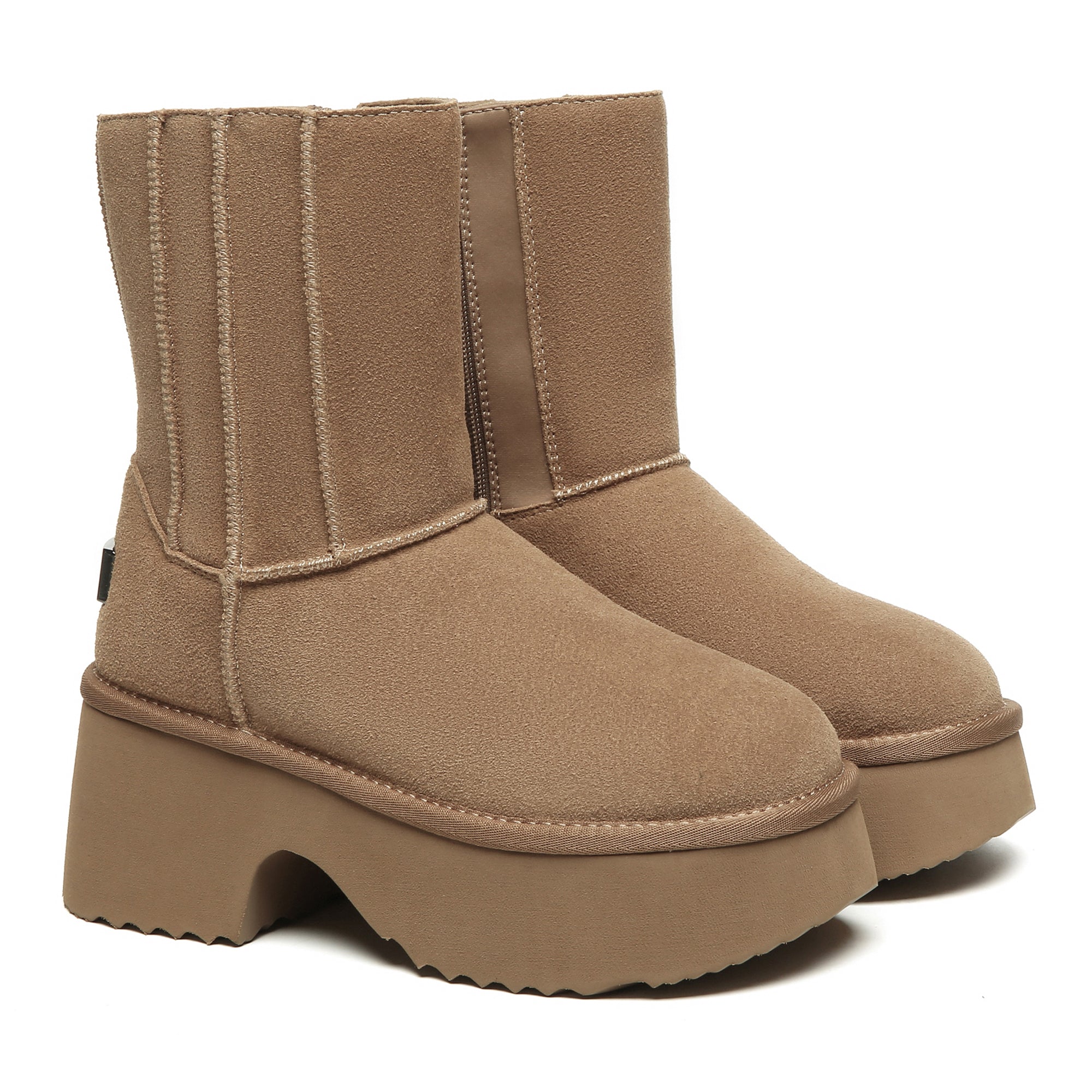 EverUgg Yana Zippers Heel Short Platform Boots for women, stylish black shoes with zipper details and chunky heel.