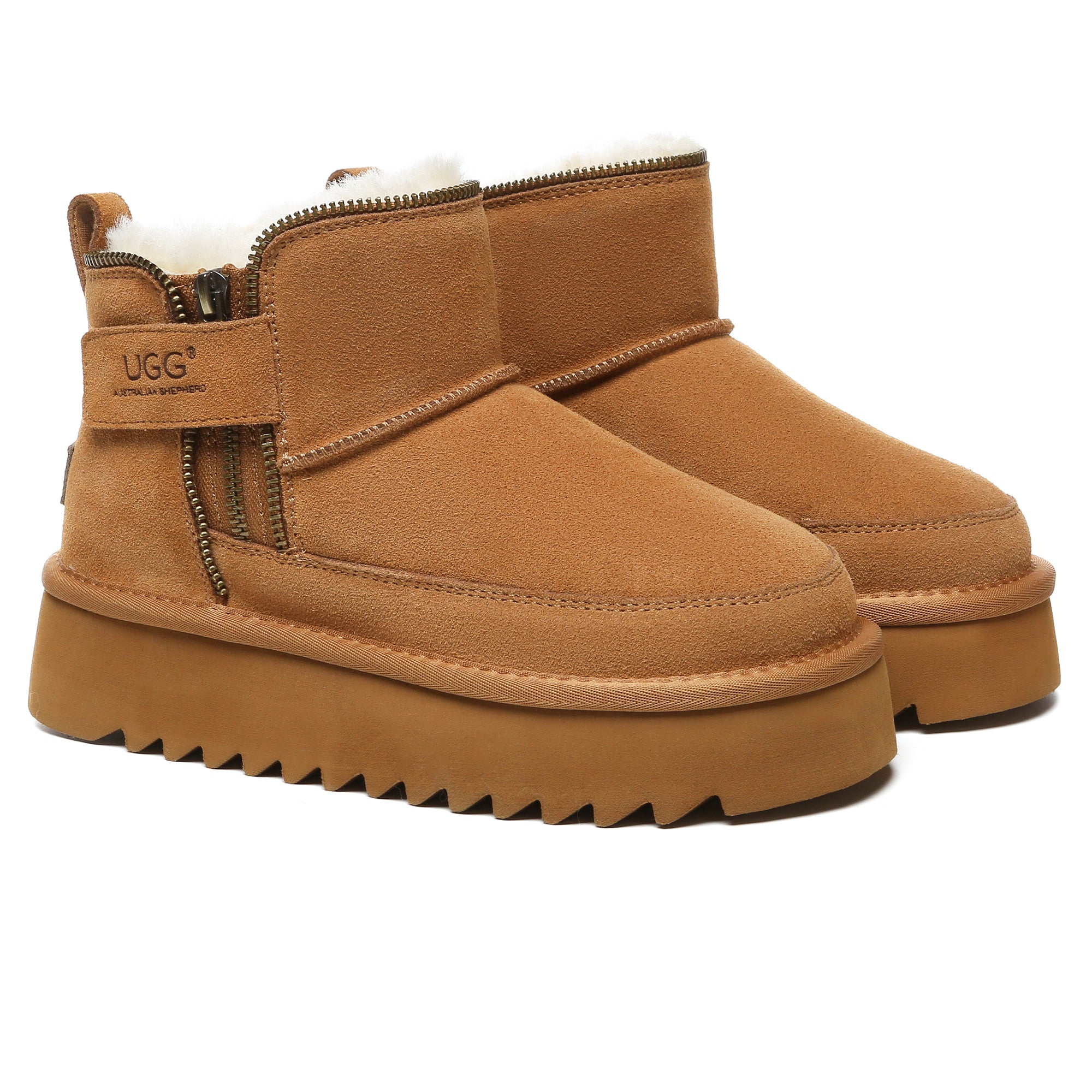 EverUgg zipper ankle UGG platform boots for women with suede finish and chunky sole, featuring a side zipper and stylish design.