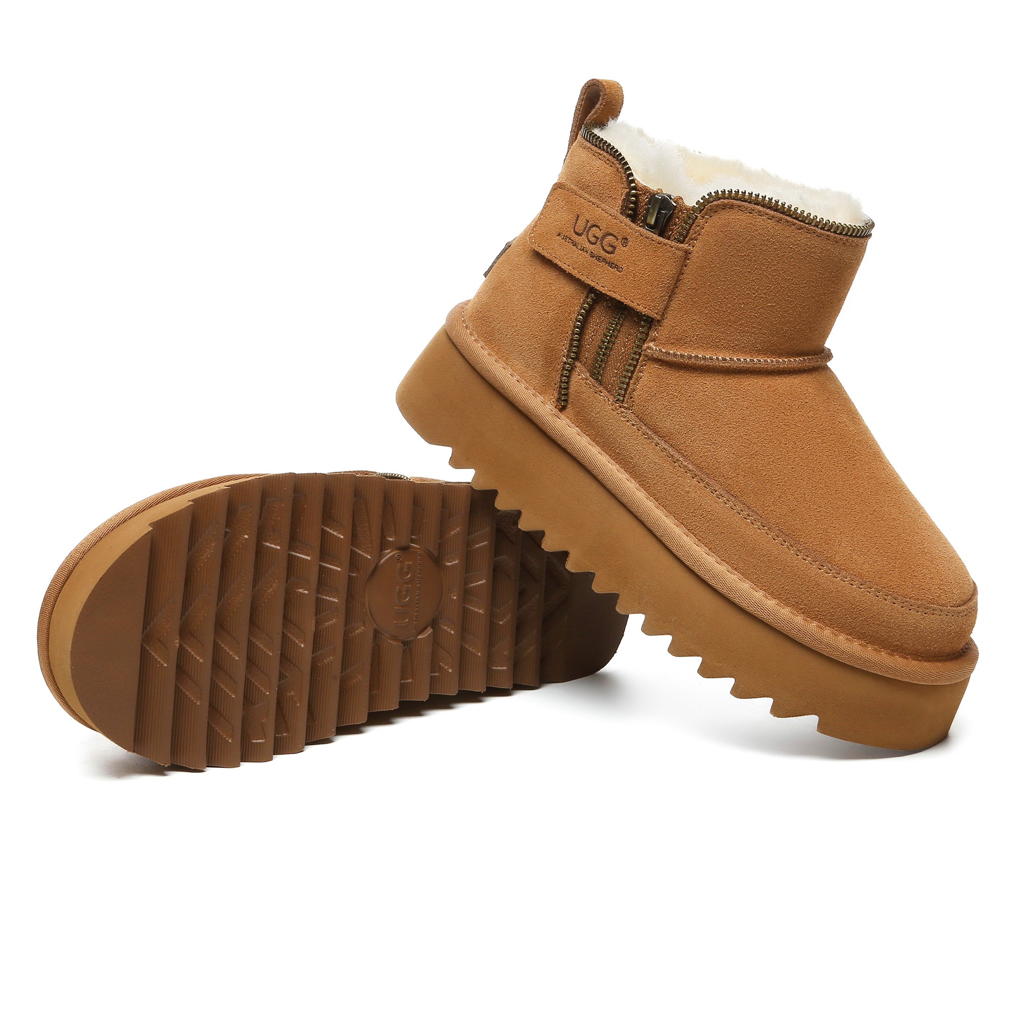EverUgg zipper ankle UGG platform boots for women, showing the stylish black boots with zipper detail and chunky soles.