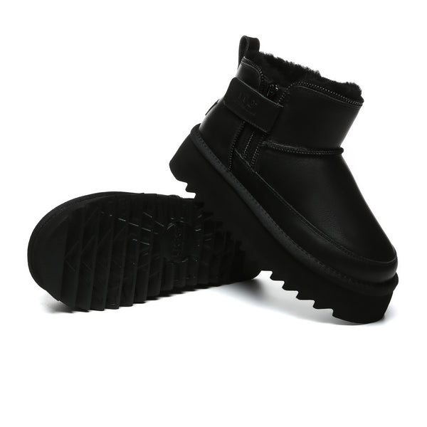 EverUgg zipper ankle UGG platform boots for women, showing black boots with side zipper detail and chunky platform sole.