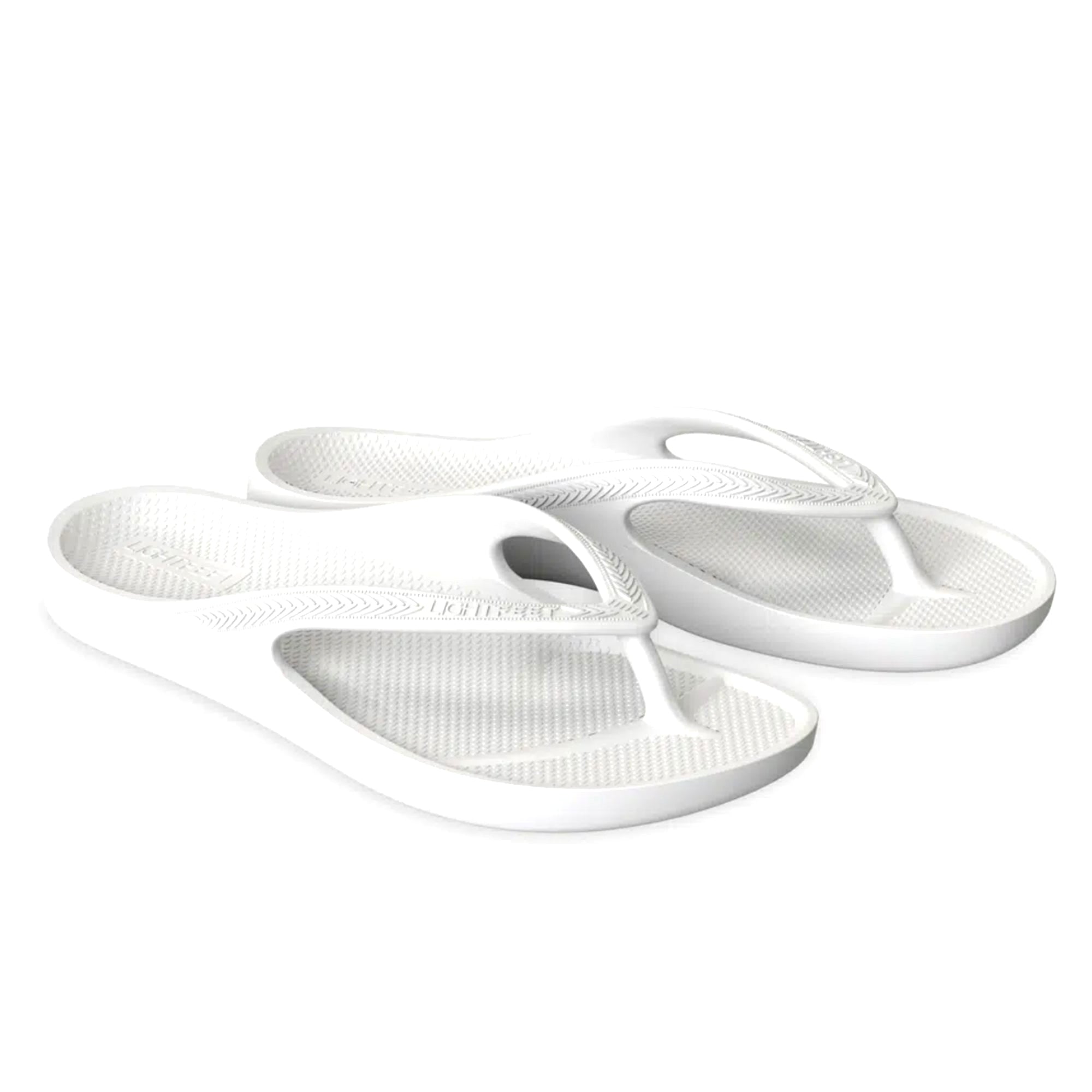 White Lightfeet arch support thongs with cushioned straps and supportive footbed for all-day comfort.