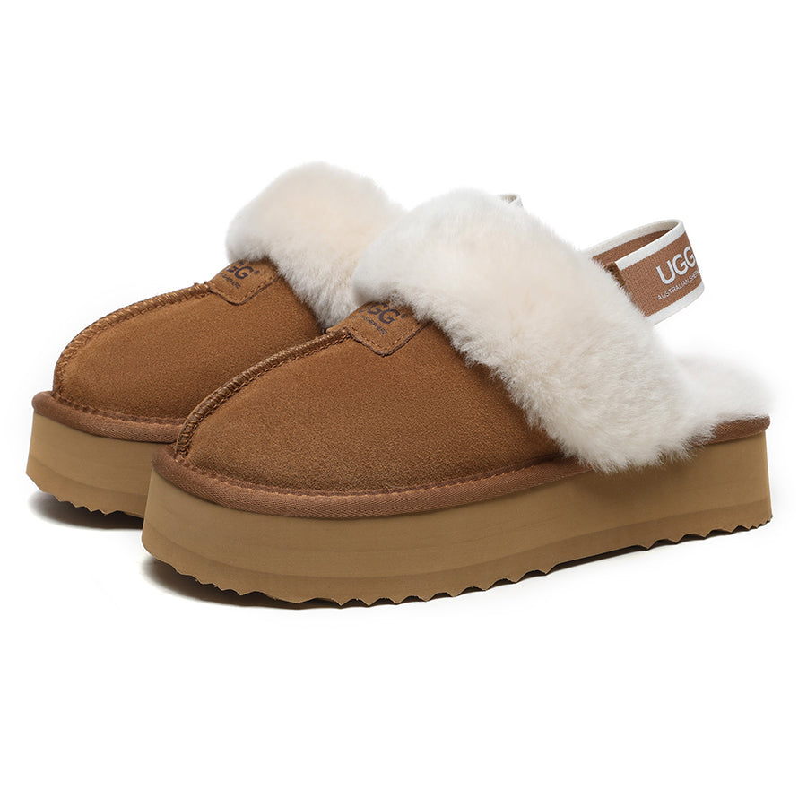EverUgg Beta Platform UGG slippers featuring plush material and chunky sole, shown on a chest in this cozy product image.