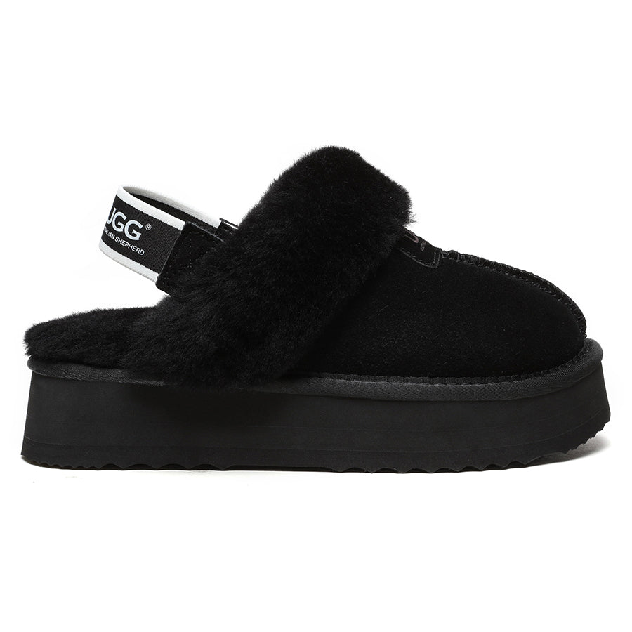 Black EverUgg Beta Platform UGG slippers with thick platform soles and soft interior for cozy comfort.