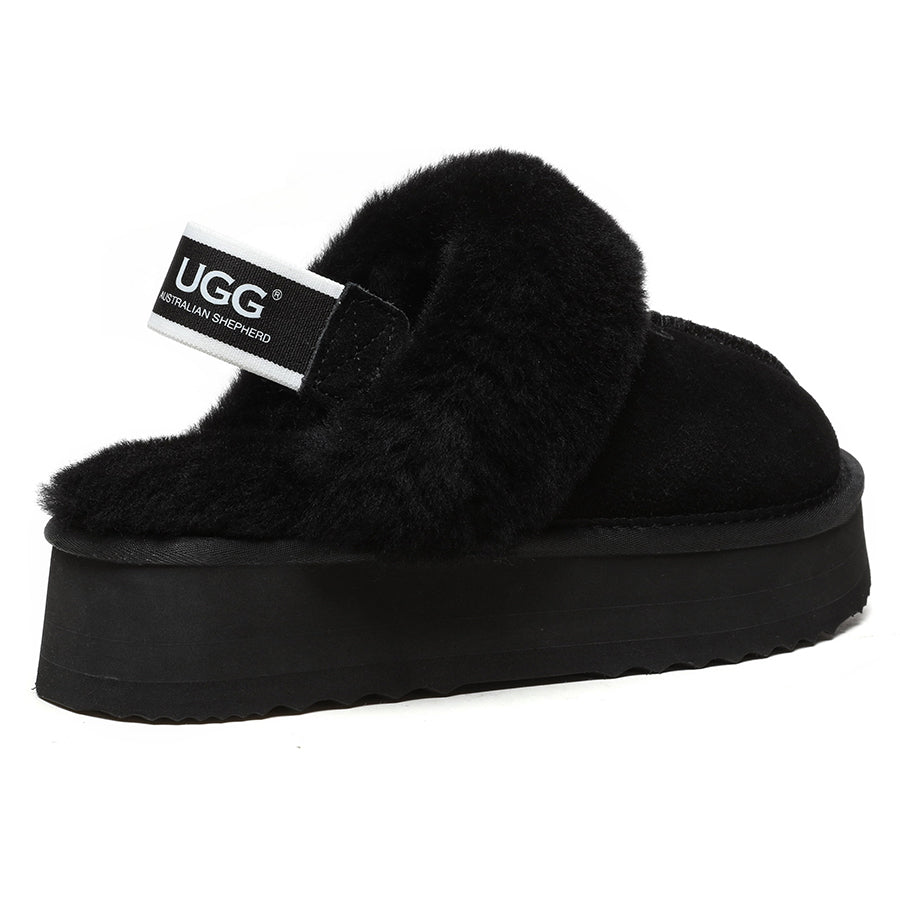 Black EverUgg Beta Platform UGG slippers with thick soles and plush interior, designed for comfort and casual style.