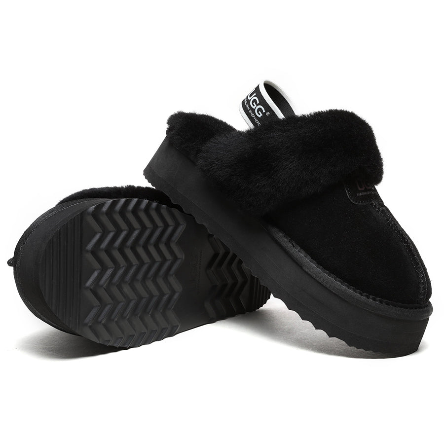 Black EverUgg Beta Platform UGG slippers with plush lining and thick sole, designed for comfort and casual wear.
