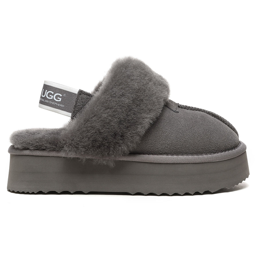 Grey EverUgg Beta Platform UGG slippers with plush lining and thick soles, designed for comfort and casual style.