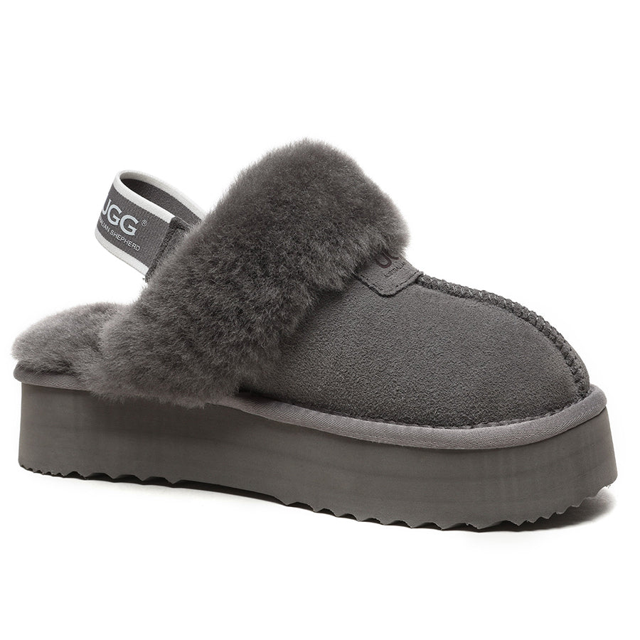 Grey EverUgg Beta Platform UGG slippers with plush lining and thick sole, comfortable slip-on footwear for indoor wear.