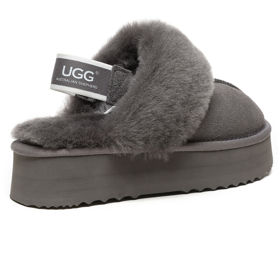 Grey EverUgg Beta Platform UGG slippers with plush lining and thick soles, designed for comfort and casual wear.