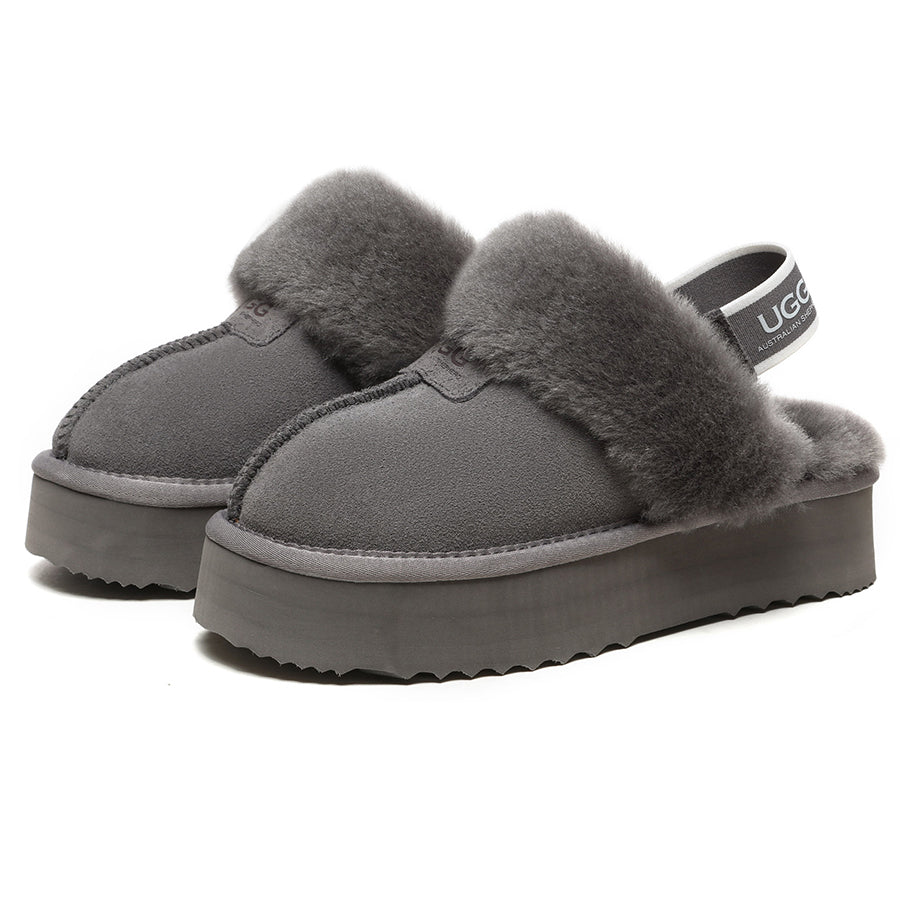 Grey EverUgg Beta Platform UGG slippers with plush interior and thick sole, designed for comfort and casual wear.