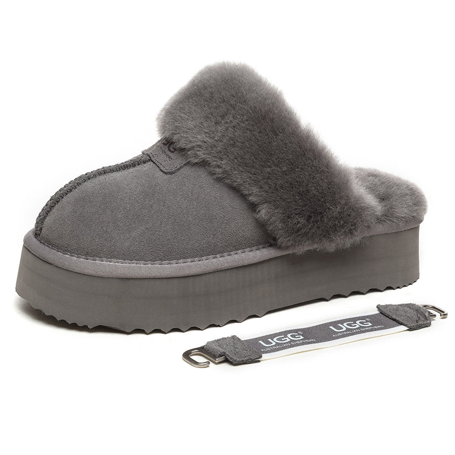 Grey EverUgg Beta Platform UGG slippers with plush lining and thick soles, designed for comfort and casual wear.