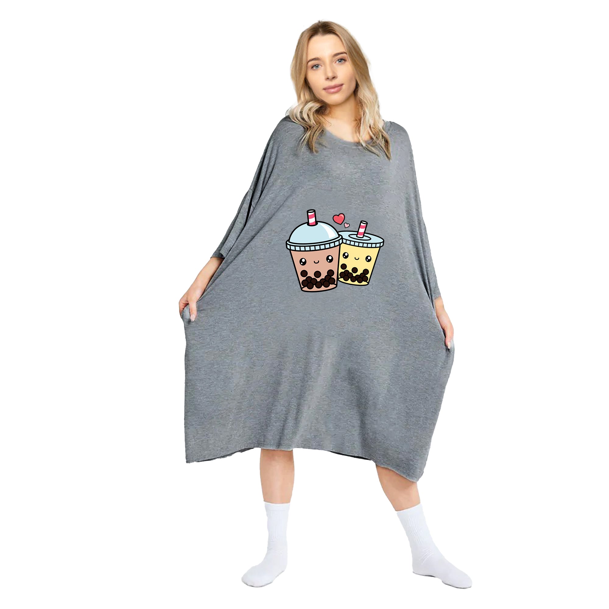 Snuggyz oversized bubble tea print T-shirt featuring colorful bubble tea boba pearls on a casual, relaxed fit shirt.