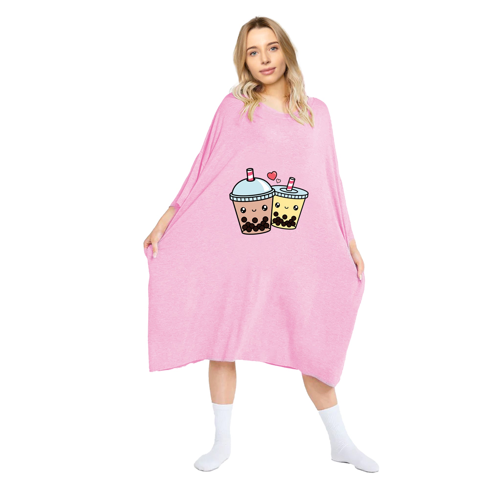 Pink oversized tee by Snuggyz featuring a bubble tea Boba print, casual and comfortable for everyday wear.