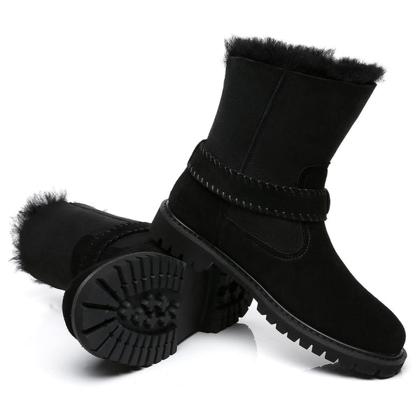 EverUgg women's fashion boots with buckled straps, stylish UGG shoe featuring a fashionable strap design and ankle height.