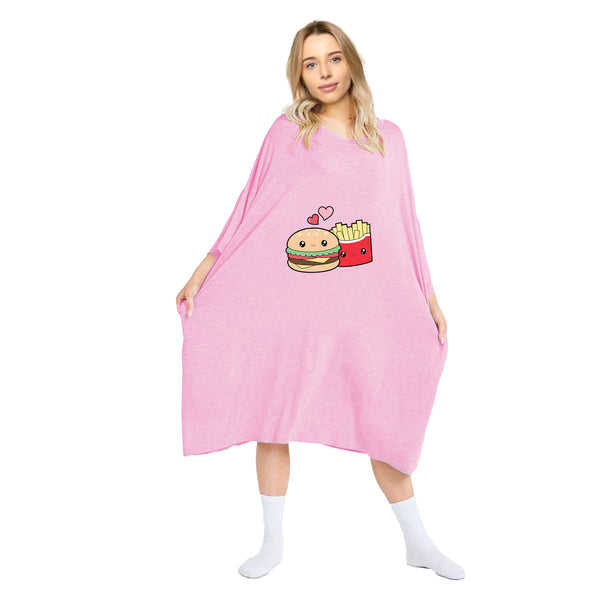 Pink oversized Snuggyz shirt featuring a fun burger and chips print, perfect for casual, relaxed style.