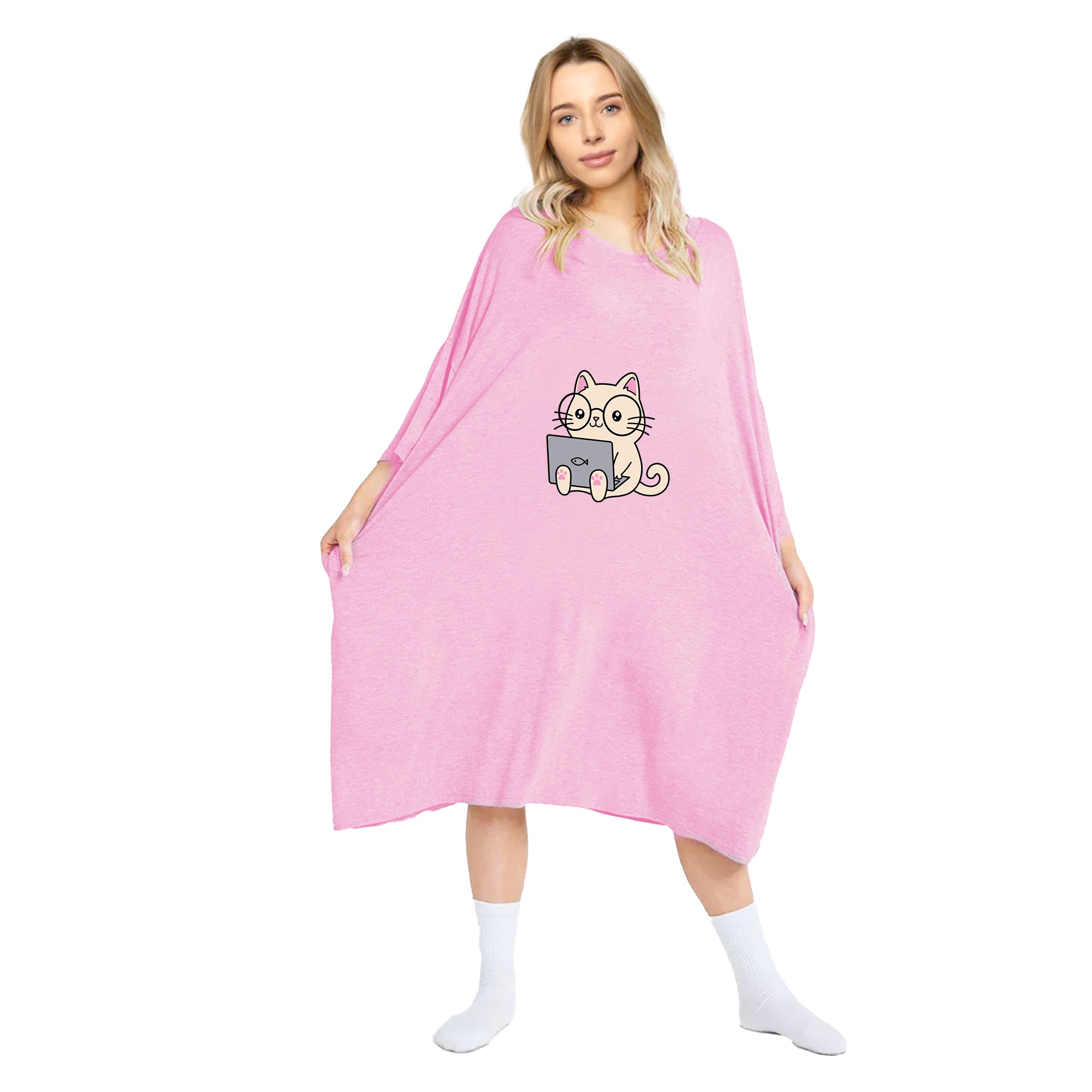 Pink oversized cat print tee by Snuggyz, featuring a playful feline design on a comfortable, relaxed-fit shirt.