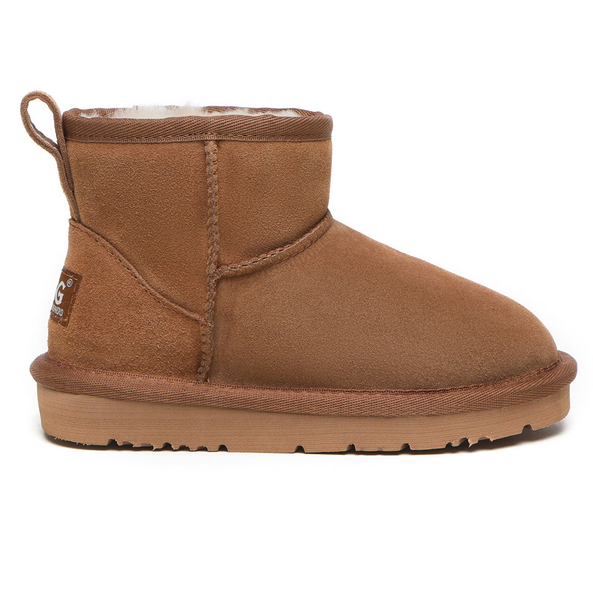 Mini kids' UGG boots by EverUgg featuring soft sheepskin lining and classic design in chestnut color.
