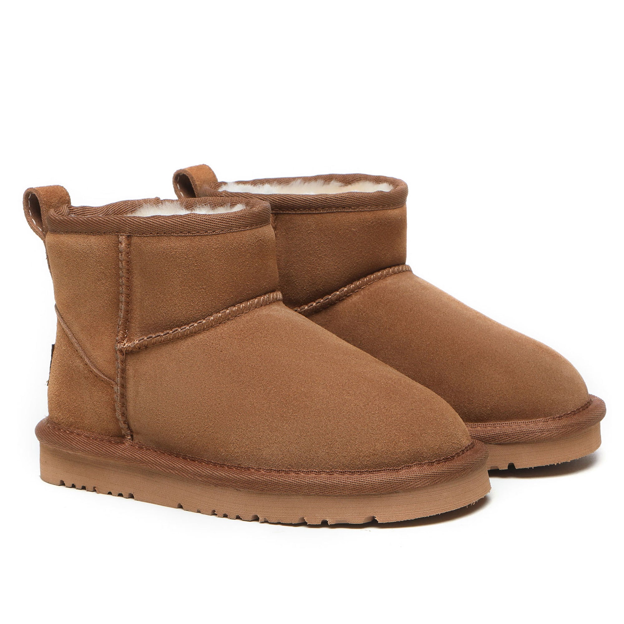 Classic mini kids UGG boots by EverUgg featuring cozy sheepskin lining and soft suede exterior, perfect for cold weather.