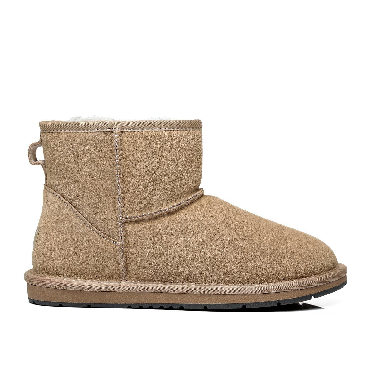 EverUgg classic mini suede UGG boots in sand color for women and men, featuring cozy sheepskin lining and stylish design.