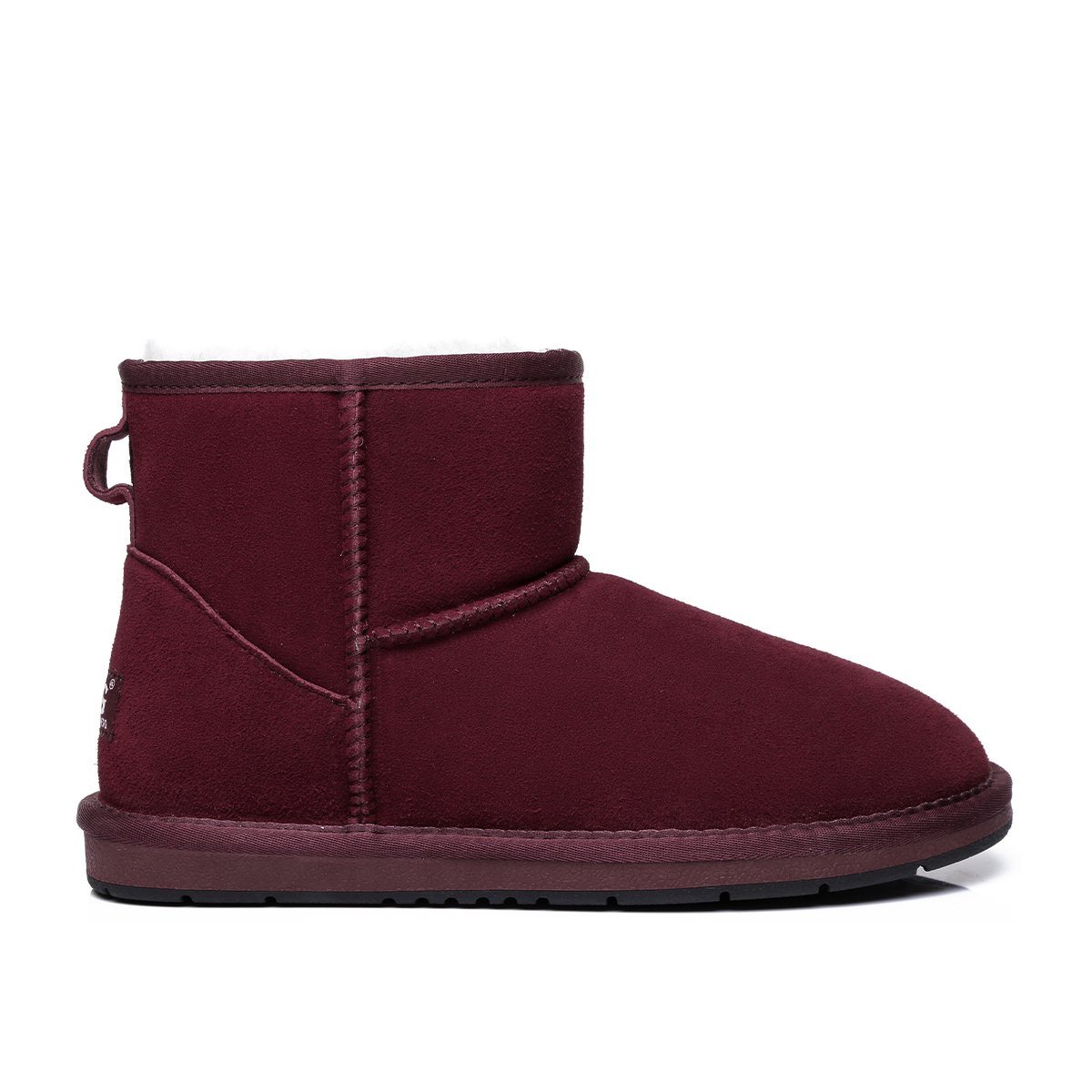 EverUgg Classic Mini UGG Boots in Sangria suede showing the cozy, ankle-length design for women with a soft interior and stylish look.