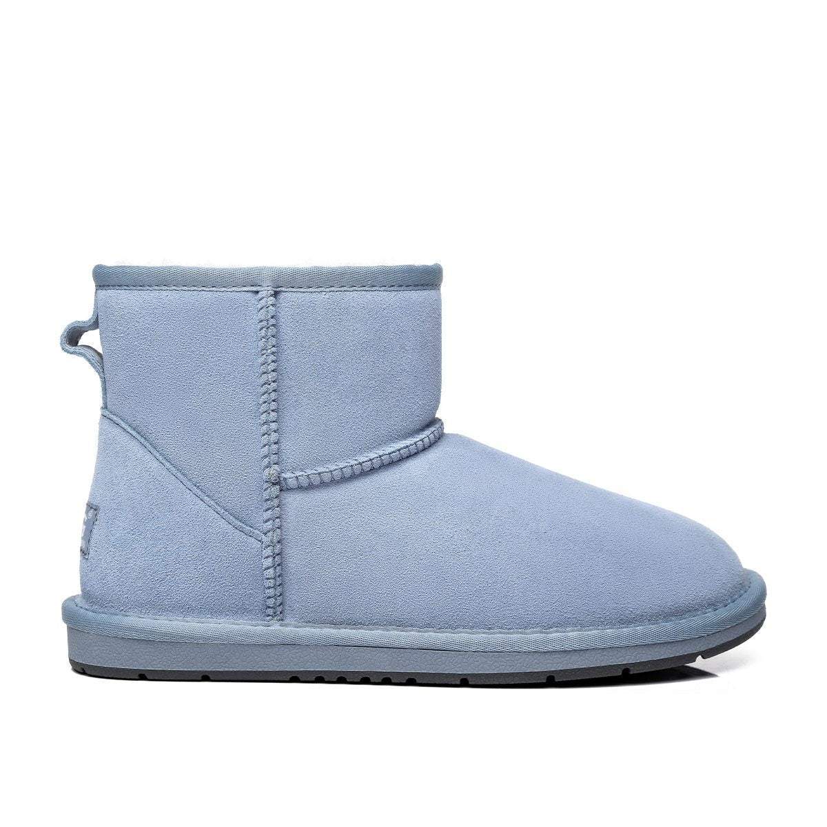 Light blue EverUgg Classic Mini UGG boots in suede for women, showing front view and cozy design details.