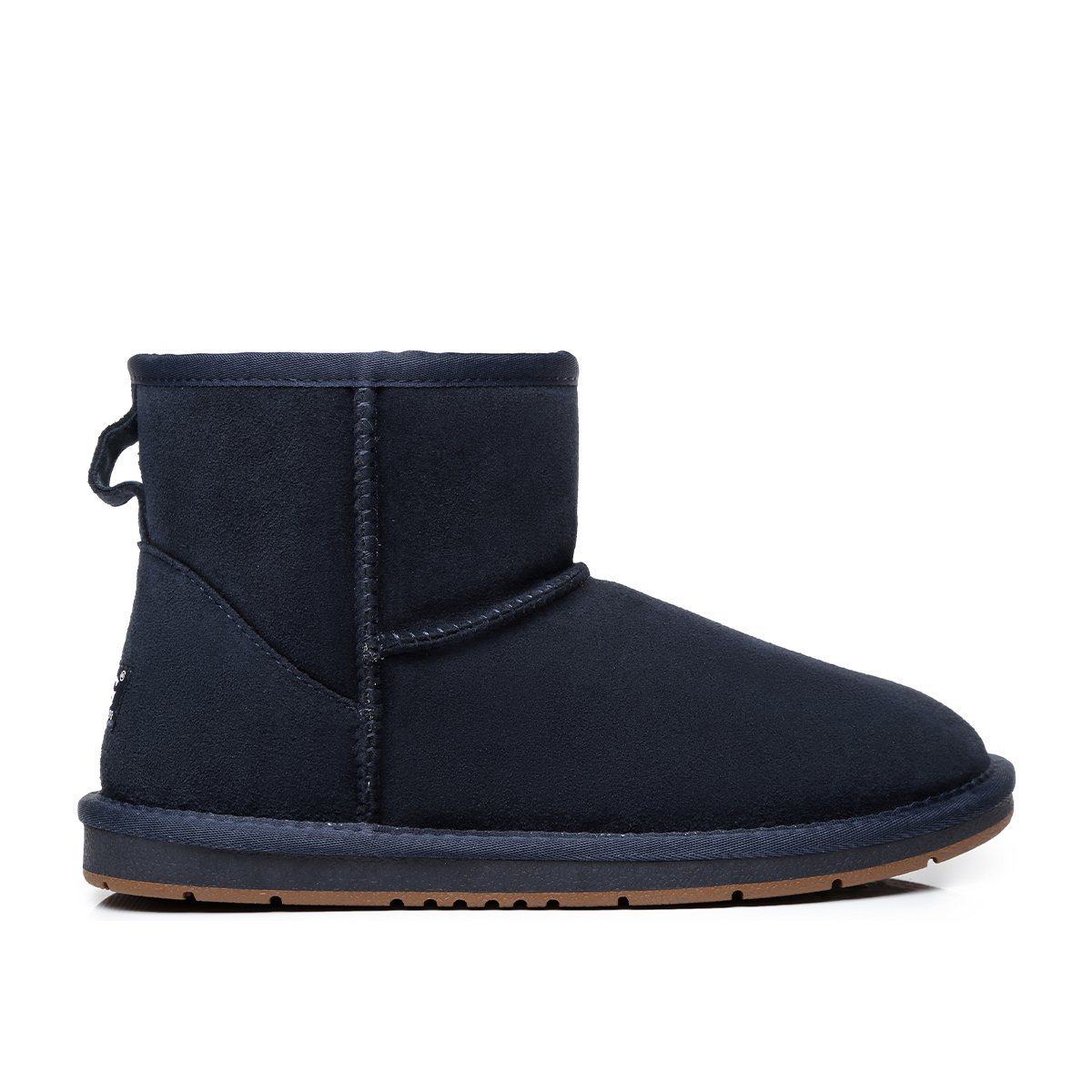 EverUgg Classic Mini UGG Boots in navy blue suede for women, showing the stylish ankle-height design and cozy interior details.